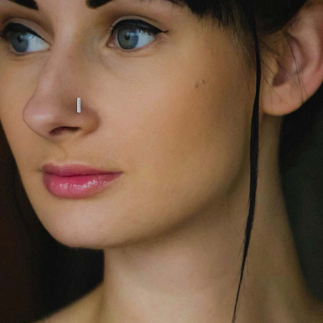 Threaded Nose Set 18ct Diamond Eternity Bar Threaded Nose Stud in White Gold
