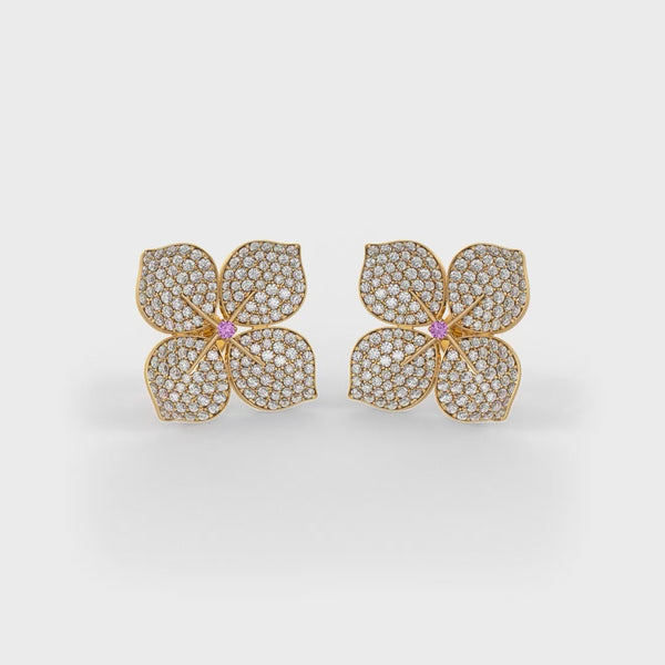 Pair of yellow gold hydrangea diamond flower studs