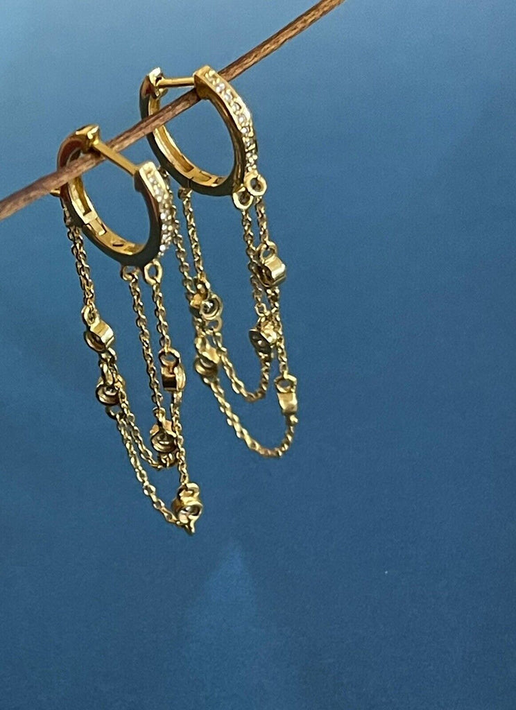 18ct yellow gold diamond earrings, double chain hoops