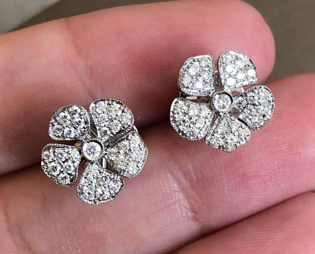 18ct white gold diamond earrings, periwinkle flower studs 