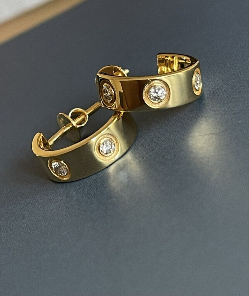 Yellow gold diamond earrings, hoop studs 