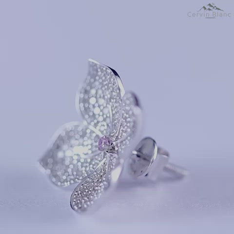 White gold hydrangea diamond earring with pink center