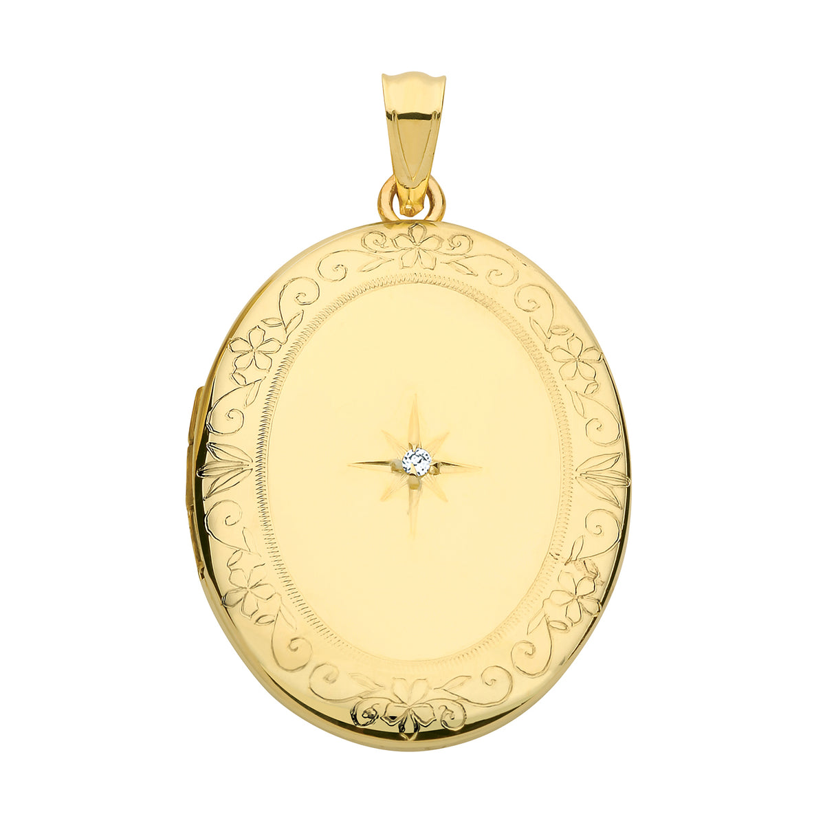 9CT GOLD ENGRAVED OVAL DIAMOND SET LOCKET – London Diamond Online