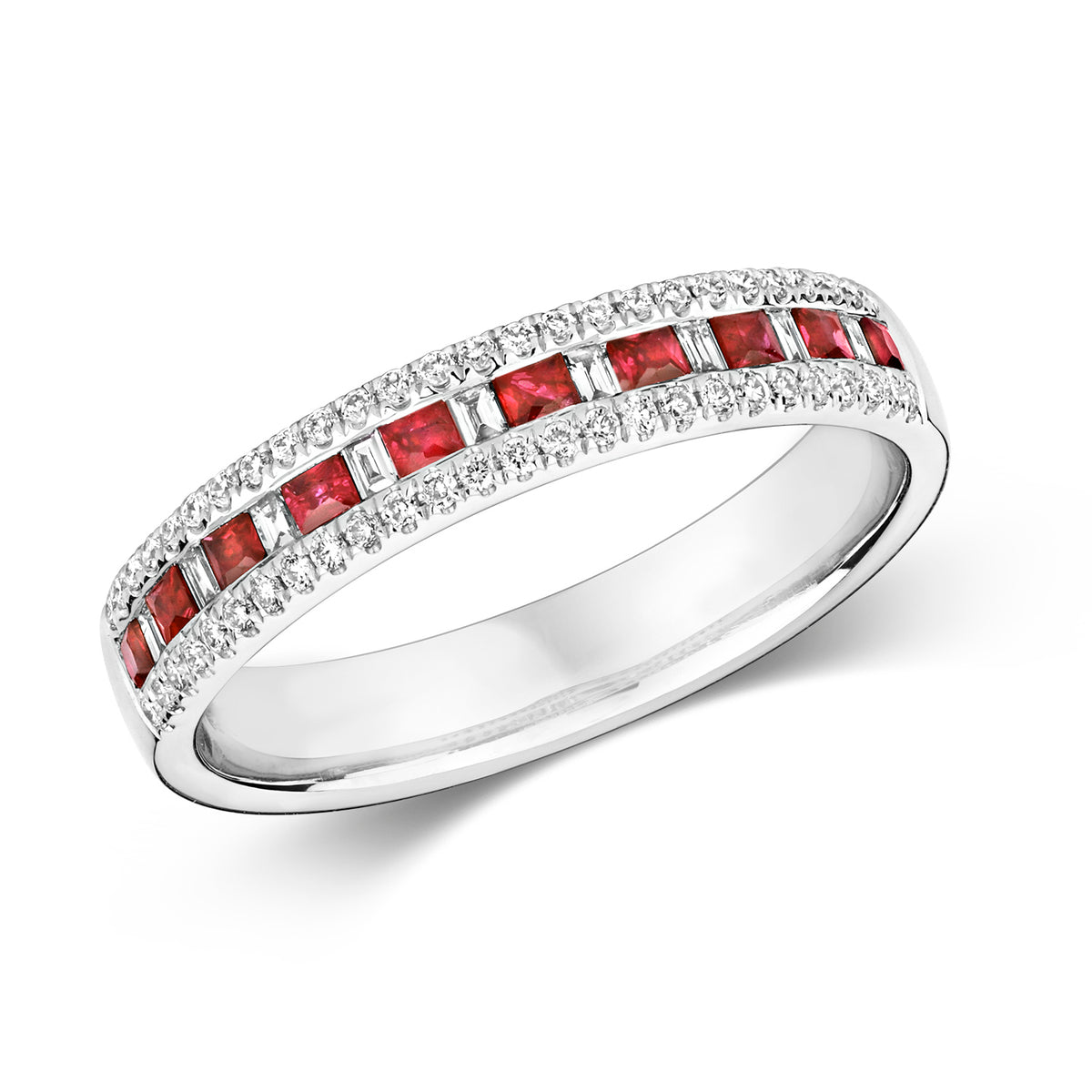 DIAMOND & RUBY CHANNEL SET 3 ROW HALF ETERNITY RING IN 9CT WHITE GOLD | I