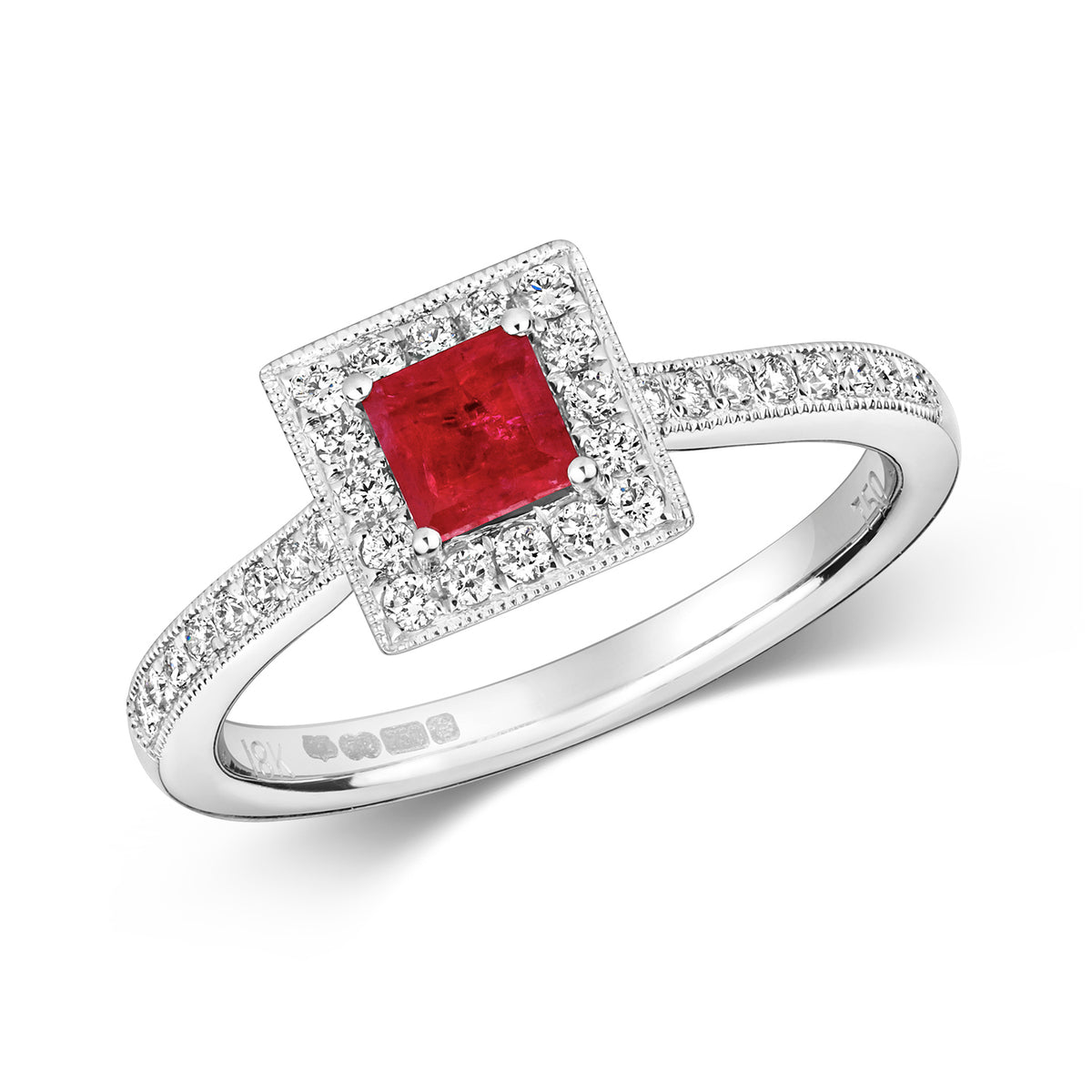 DIAMOND & RUBY SQUARE CLUSTER WITH SET SHOULDERS RING IN 9CT WHITE GOL ...