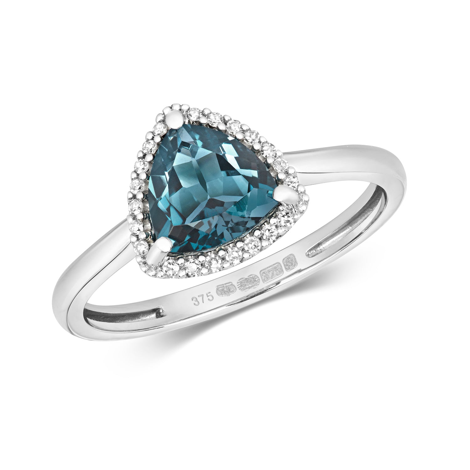 Triangular Blue Diamonds DIAMOND & LONDON BLUE TOPAZ ROUNDED TRIANGLE CLUSTER RING IN 9CT WHITE | I