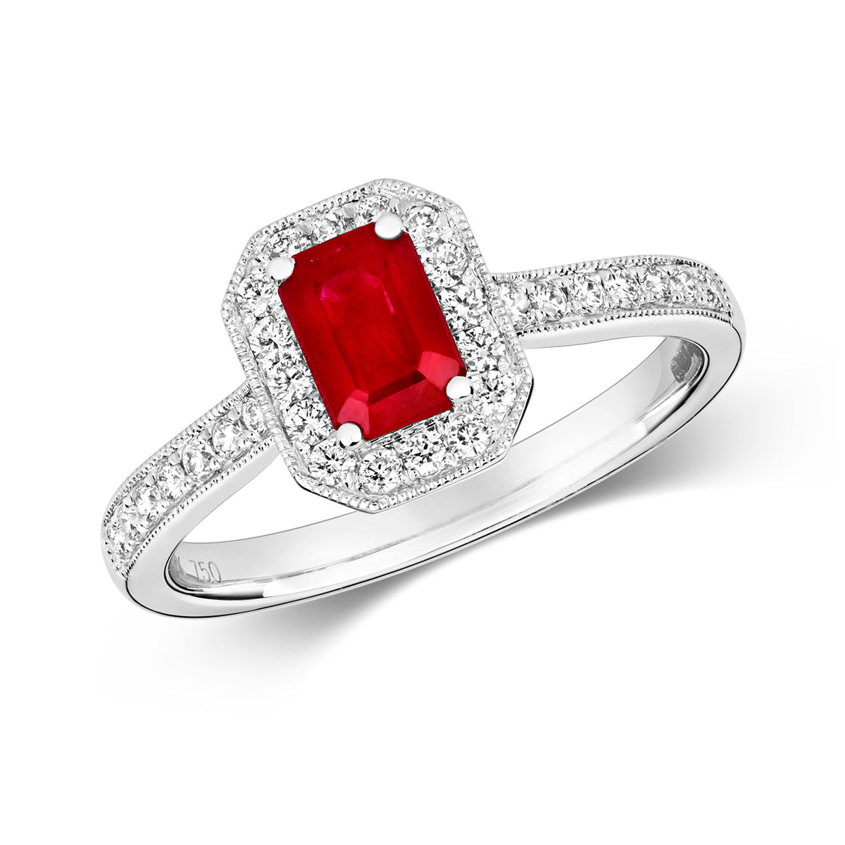 DIAMOND & RUBY OCTAGON CLUSTER WITH SET SHOULDERS RING IN 18CT WHITE G ...